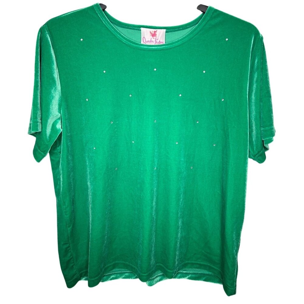 Quacker Factory Womens Green Rhinestone Embellished Short Sleeve Top L